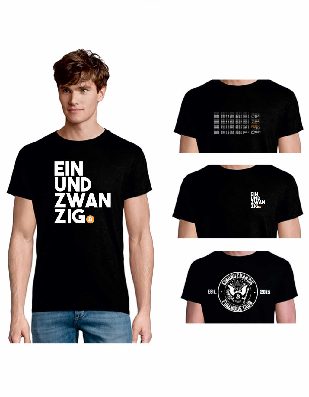 Schwarz T-Shirt aus 100% Bio-Baumwolle mit vier Einundzwanzig Bitcoin-Podcast Designs