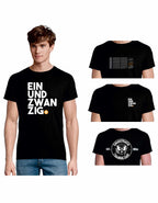 Schwarz T-Shirt aus 100% Bio-Baumwolle mit vier Einundzwanzig Bitcoin-Podcast Designs