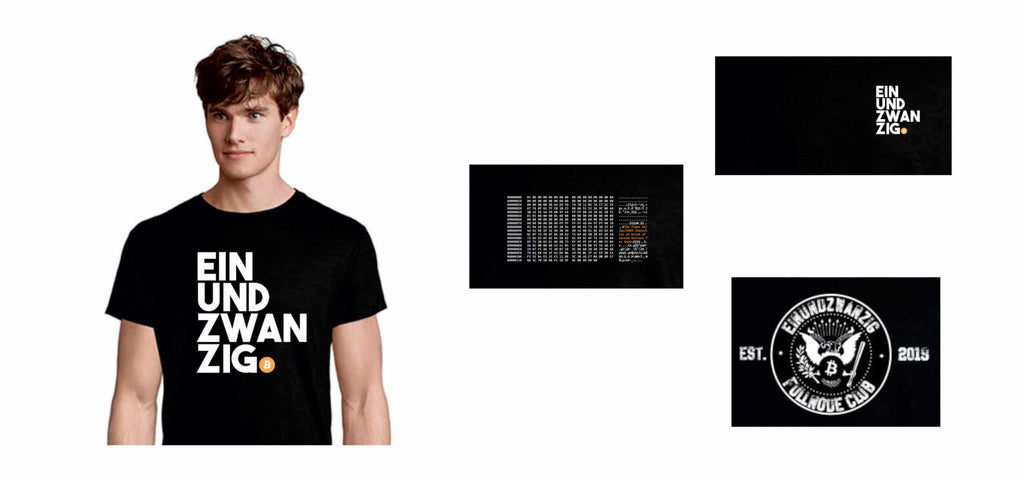 Schwarz T-Shirt aus 100% Bio-Baumwolle mit vier Einundzwanzig Designs und rundem Halsausschnitt