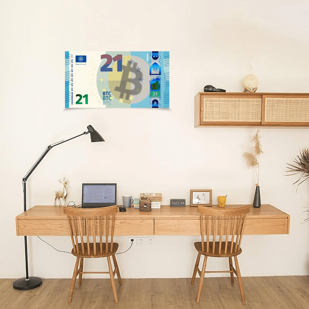 XL Poster 21 Euroschein im Bitcoin-Design auf matt Recycling-Karton, 42 cm groß, mit versteckten BTC-Details