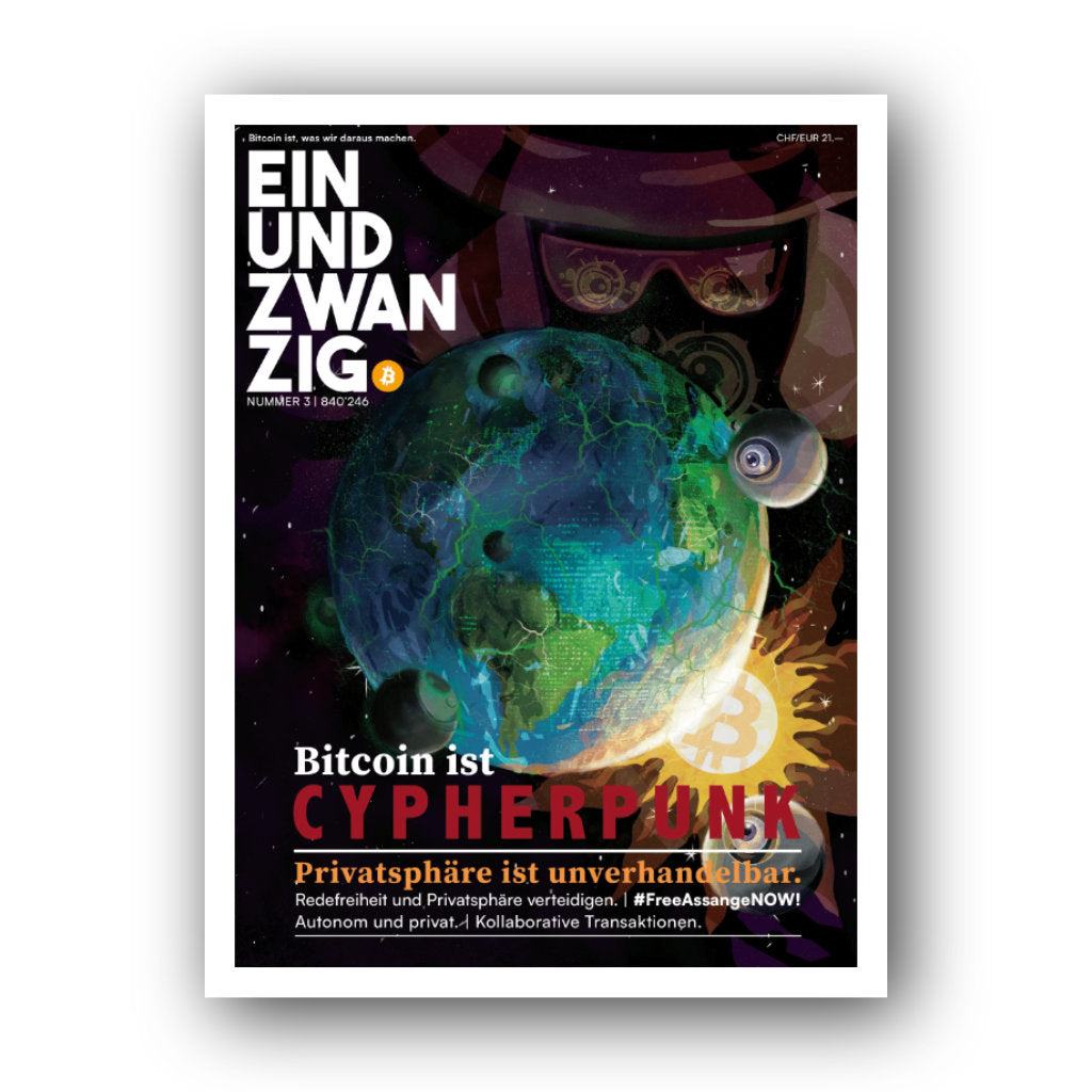 Cover of Einundzwanzig Magazin #3 featuring Cypherpunk topics on privacy, Julian Assange, and digital freedom.