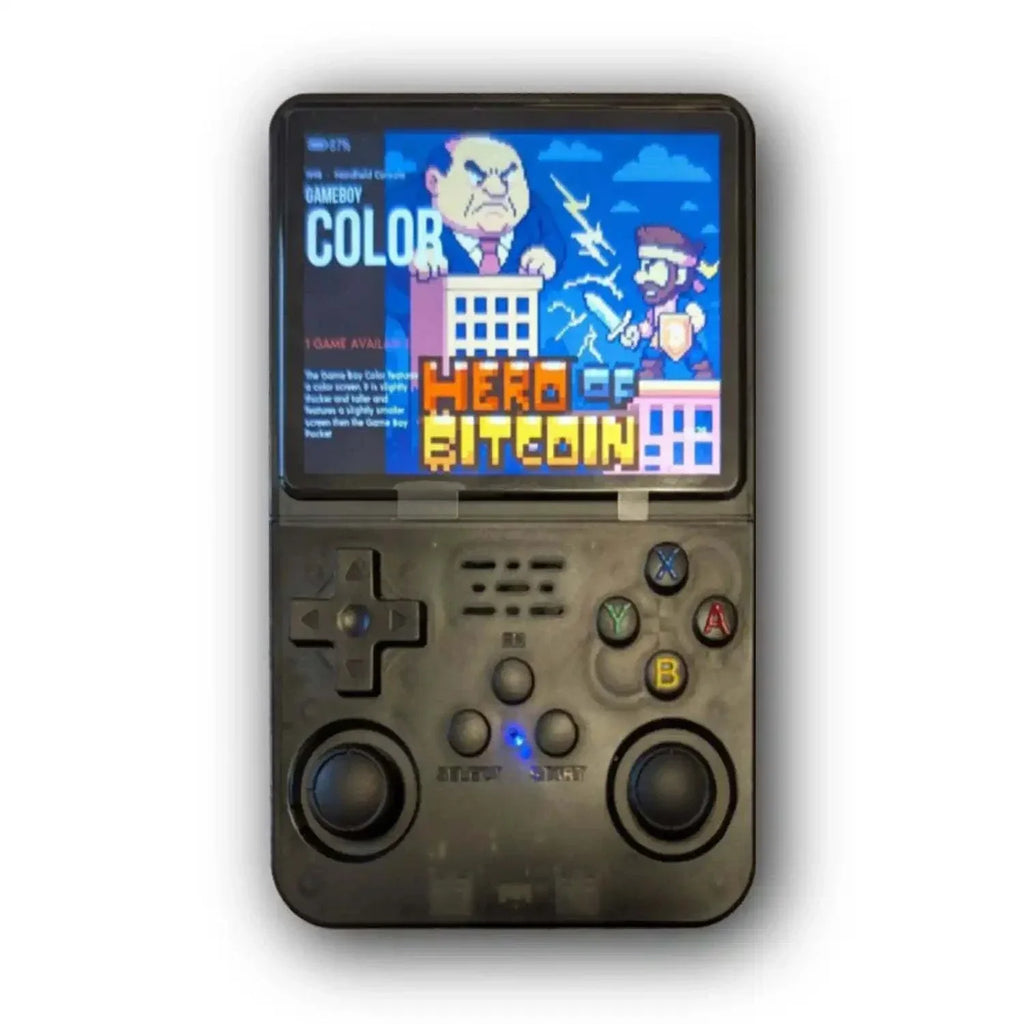 Hero of Bitcoin Handheld Edition mit vorinstalliertem Spiel und ArkOS in Pixelgrafik