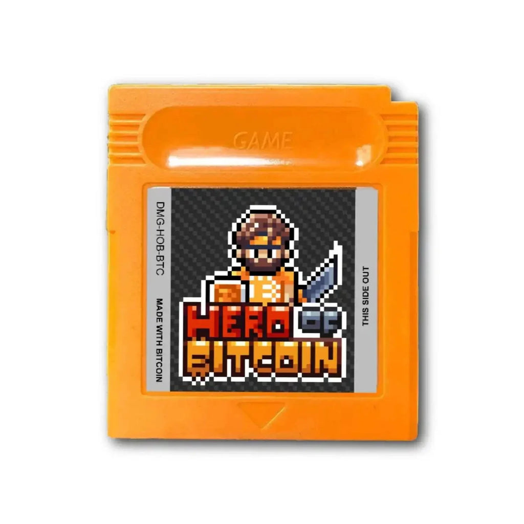 Hero of Bitcoin Spielverpackung GameBoy Version mit Bitcoin-Thema und handgezeichneten Pixelgrafiken