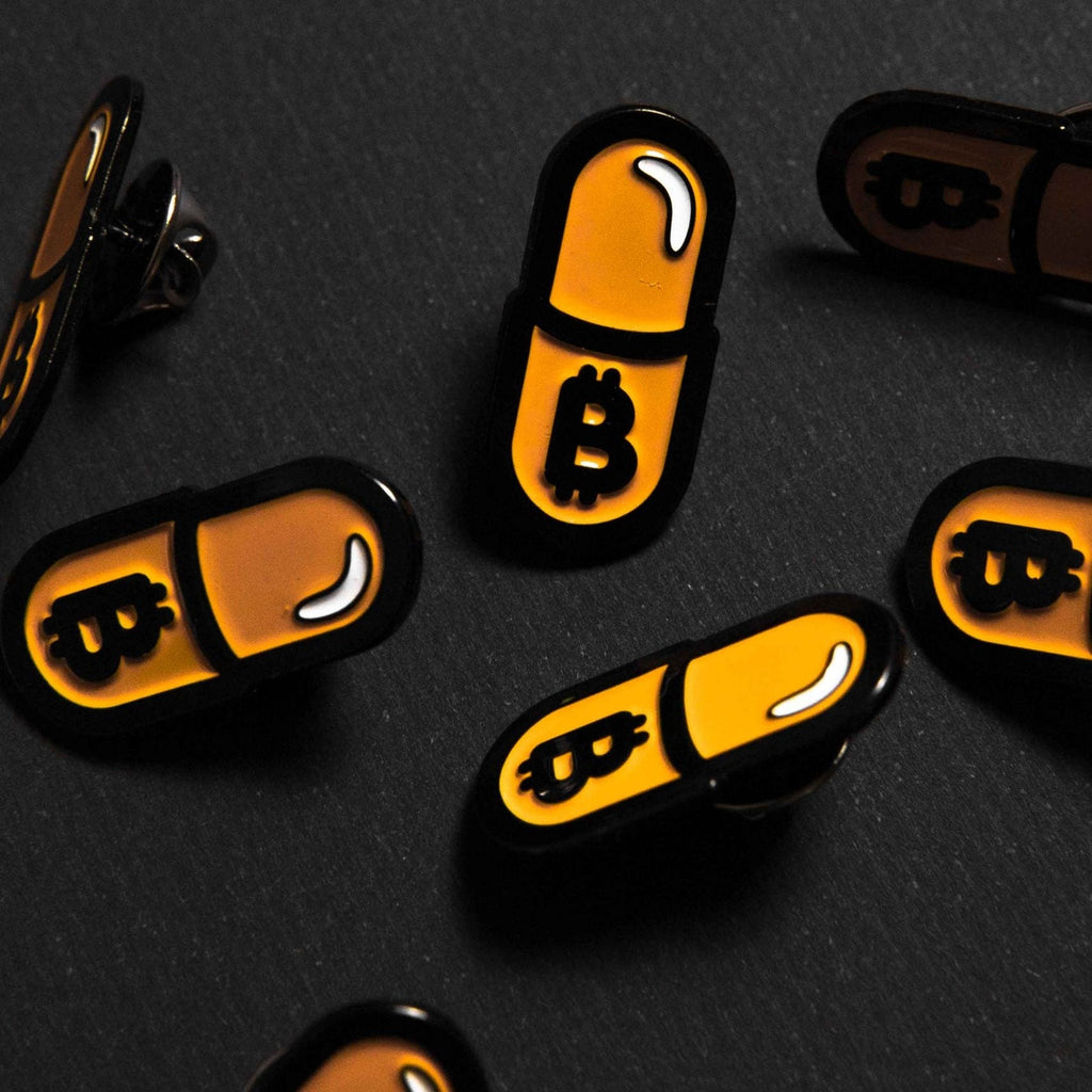 Kanuto Orange Pill Pin premium enamel Bitcoin statement accessory