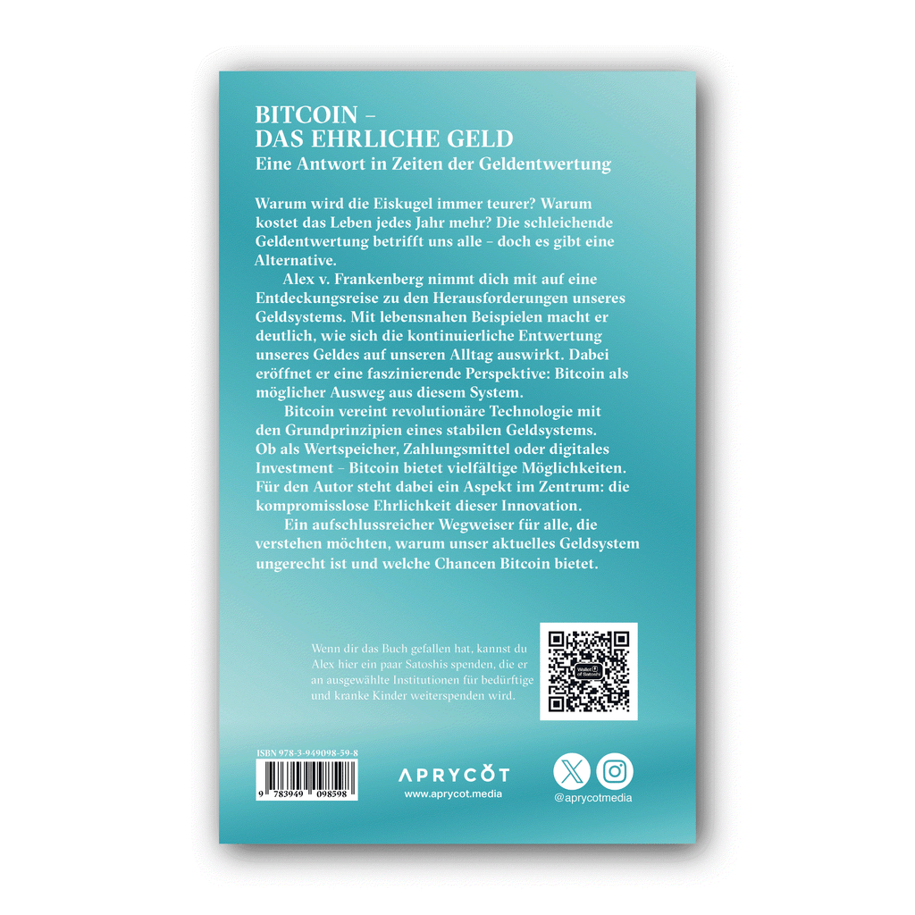 Back cover of "Das ehrliche Geld" with blurb, QR code and barcode