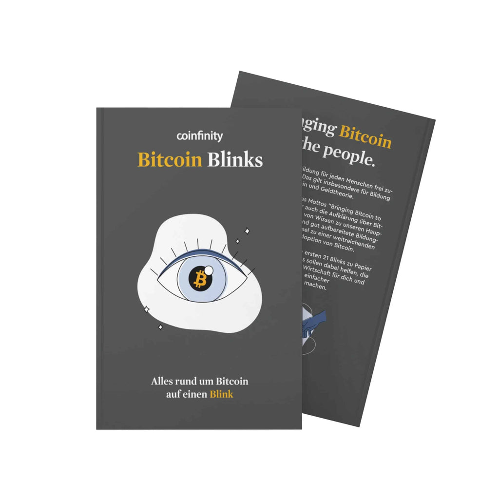 Coinfinity Bitcoin Blinks booklet cover with Bitcoin and blockchain educational content in German