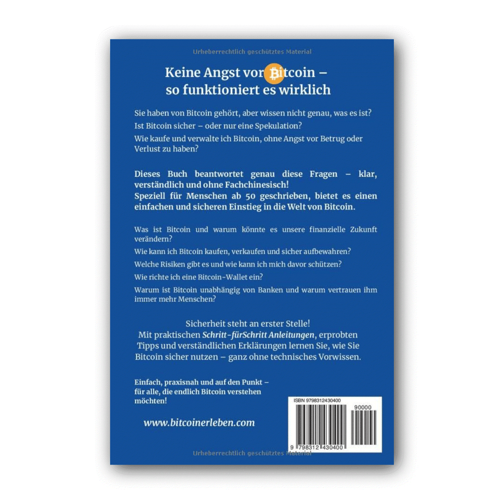 Rückseite von „Bitcoin leicht erklärt“ mit Fragen aus dem Buch und Strichcode