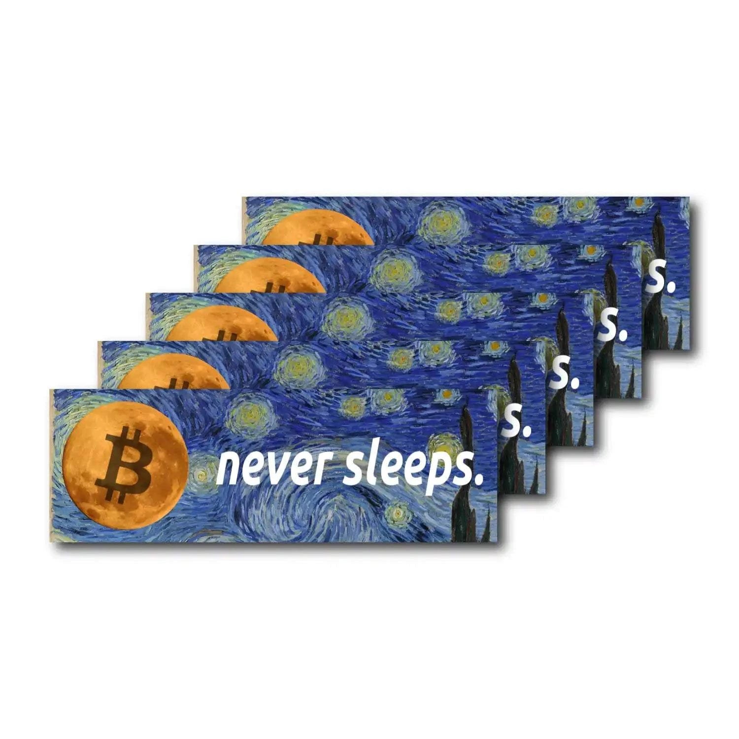 Set of 10 weatherproof Bitcoin stickers with "Never Sleeps" design for laptops and bottles