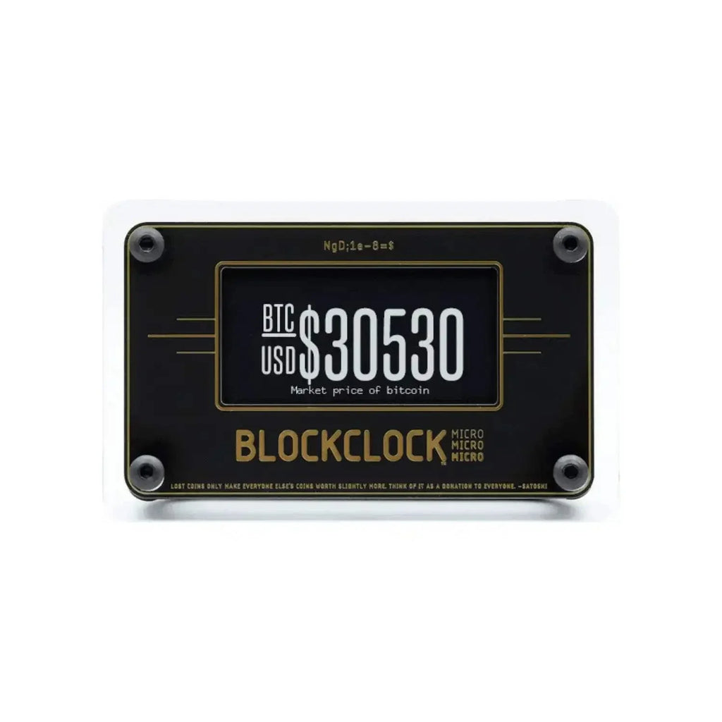 Blockclock Micro Bitcoin display showing real-time price, block height, and node count with USB-C and Wi-Fi connectivity.