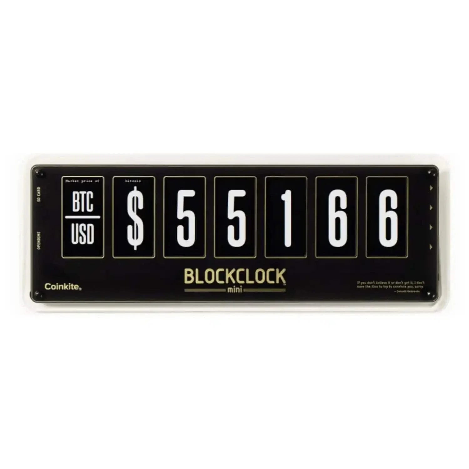 Blockclock Mini Bitcoin clock displaying Moscow Time, BTC price, block height, and Node count with USB and microSD connectivity