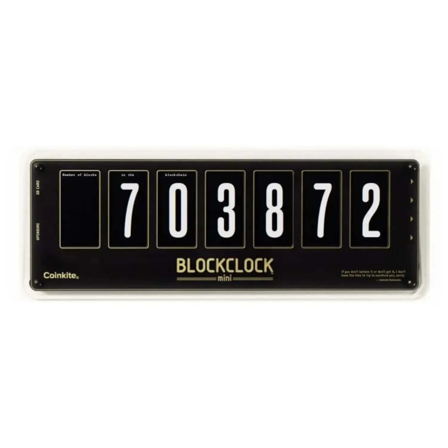 Blockclock Mini bitcoin desk clock showing Moscow Time, BTC price, and blockchain data with USB and microSD connectivity
