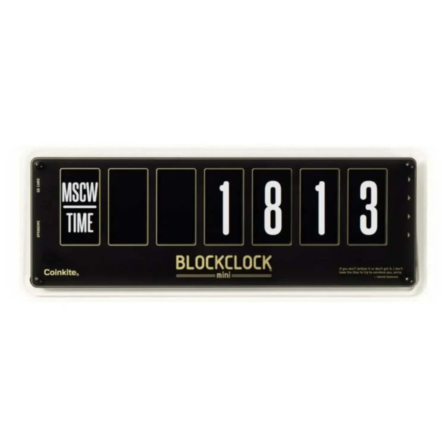 Blockclock Mini Bitcoin desk clock showing Moscow Time, BTC price, block height, and node count with USB and Wi-Fi connectivity