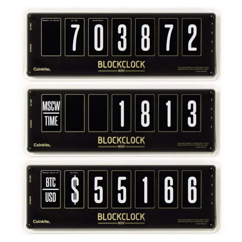 Blockclock Mini Bitcoin desk clock showing Moscow Time, BTC price, block height, node count, and Opendime balance with USB and microSD connectivity