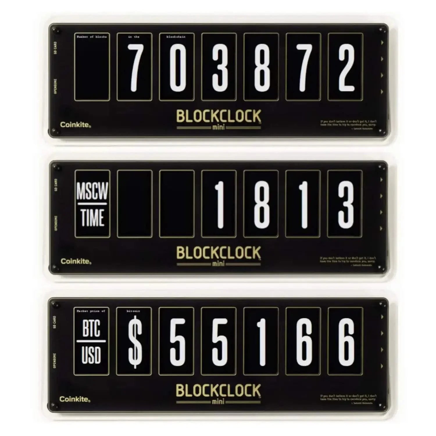 Blockclock Mini Bitcoin desk clock showing Moscow Time, BTC price, block height, node count, and Opendime balance with USB and microSD connectivity