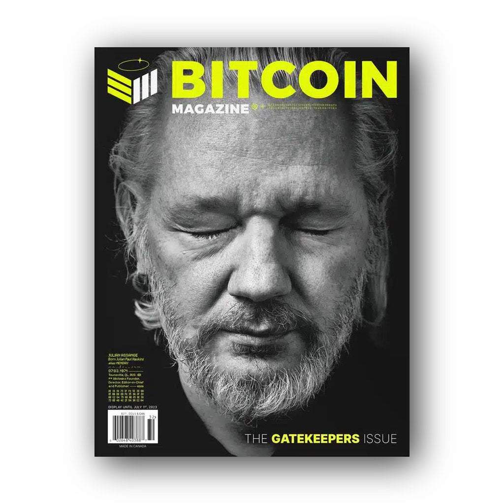 Bitcoin Magazin The Gatekeepers Issue cover addressing power, control, and censorship in finance with contributions from Julian Assange and others