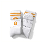 Bitcoin Socken aus Portugal mit gelbem Logo und zwei Streifen, atmungsaktiv und gepolstert