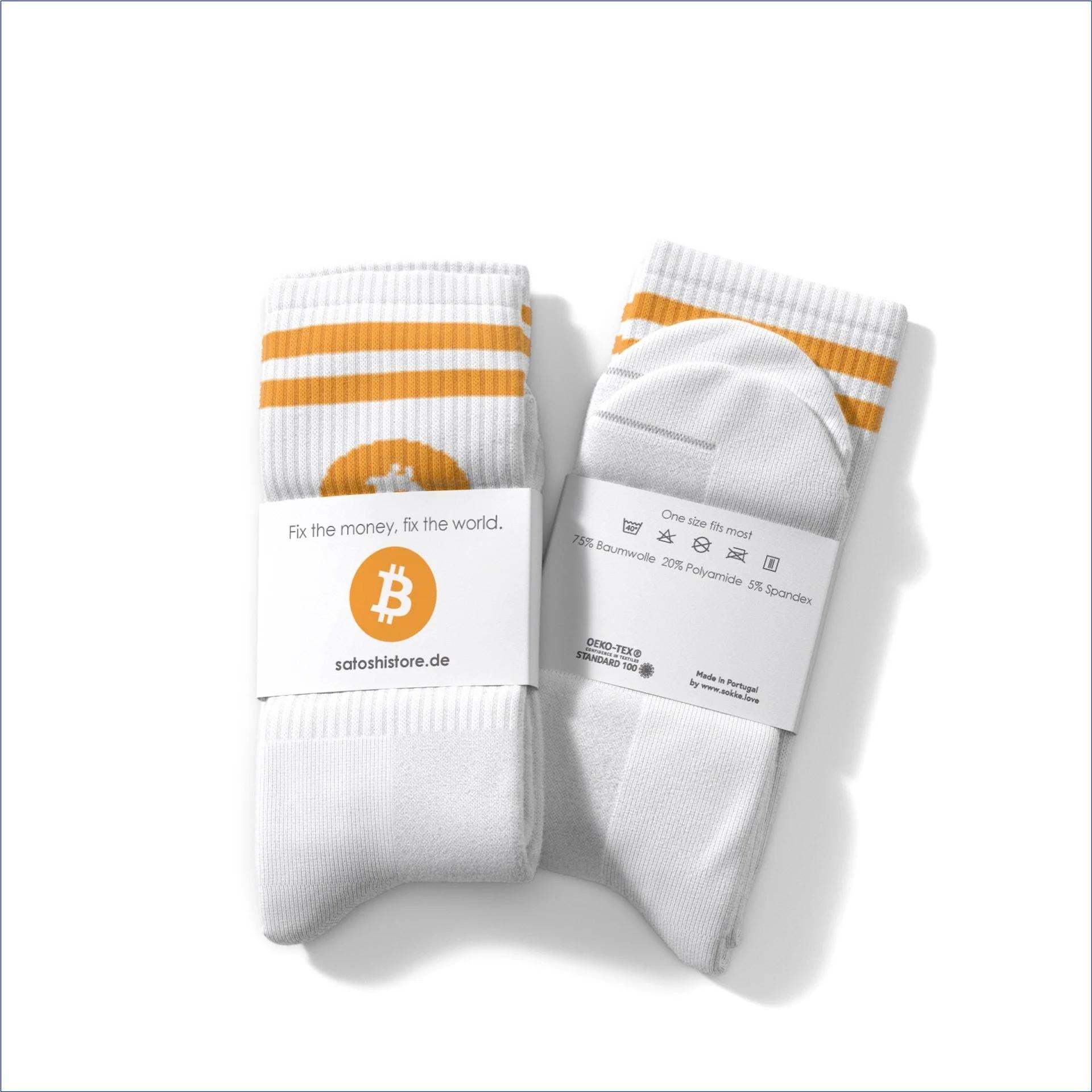 Bitcoin Socken aus Portugal mit gelbem Logo und zwei Streifen, atmungsaktiv und gepolstert