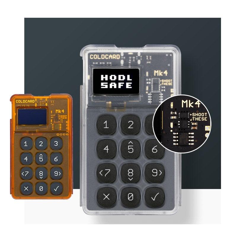 Coldcard MK4 Bitcoin hardware wallet in various colors with dual secure elements and USB-C connectivity