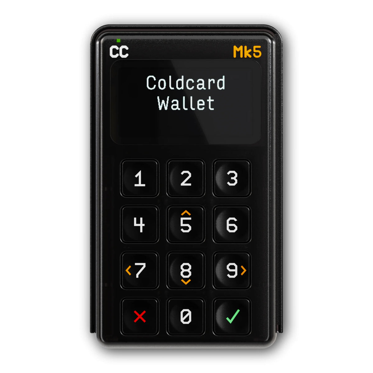 Coldcard Mk5 im schwarzen Gehäuse, Vorderseite mit Display und Tastenfeld