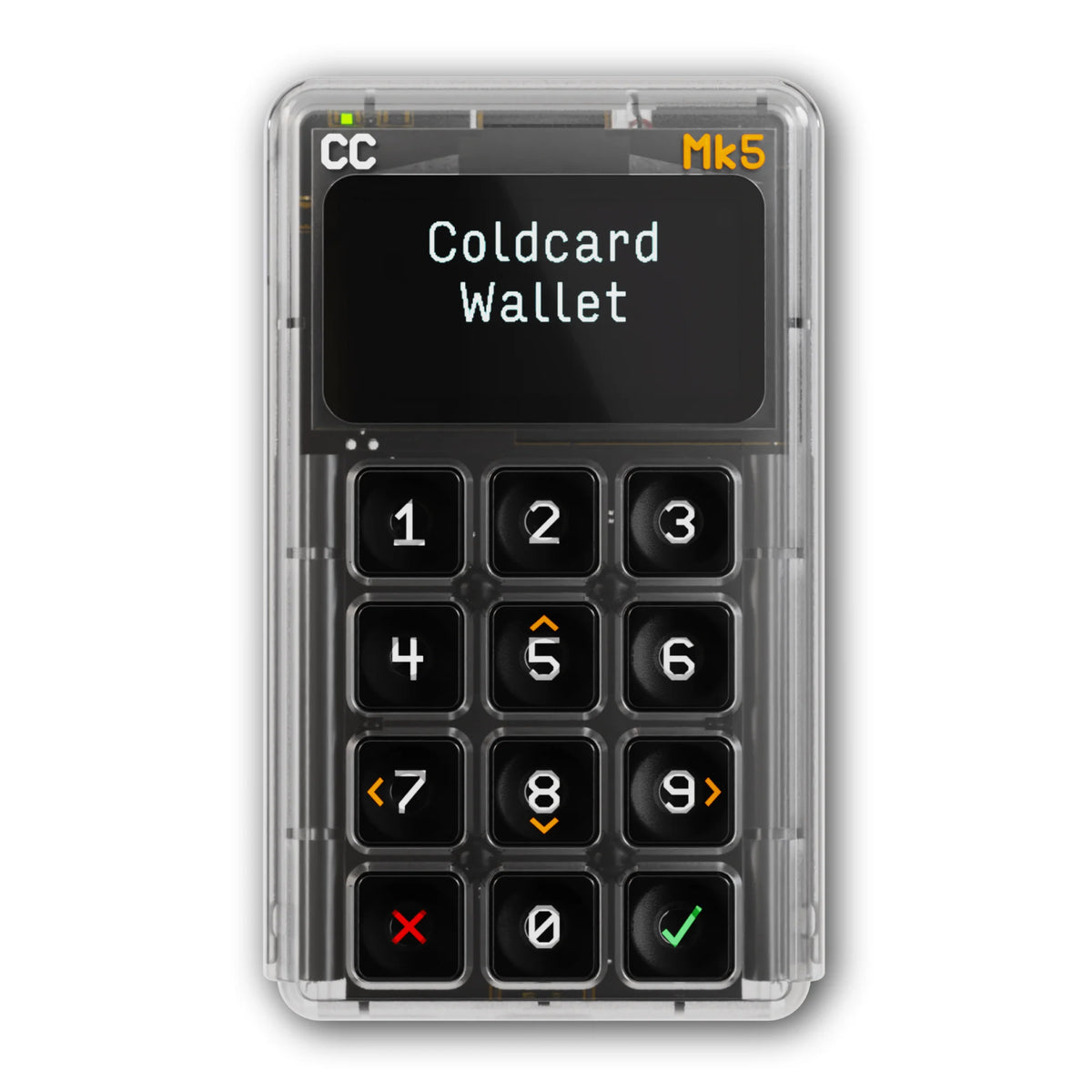 Coldcard Mk5 im durchsichtigen Gehäuse, Vorderseite mit Display und Tastenfeld