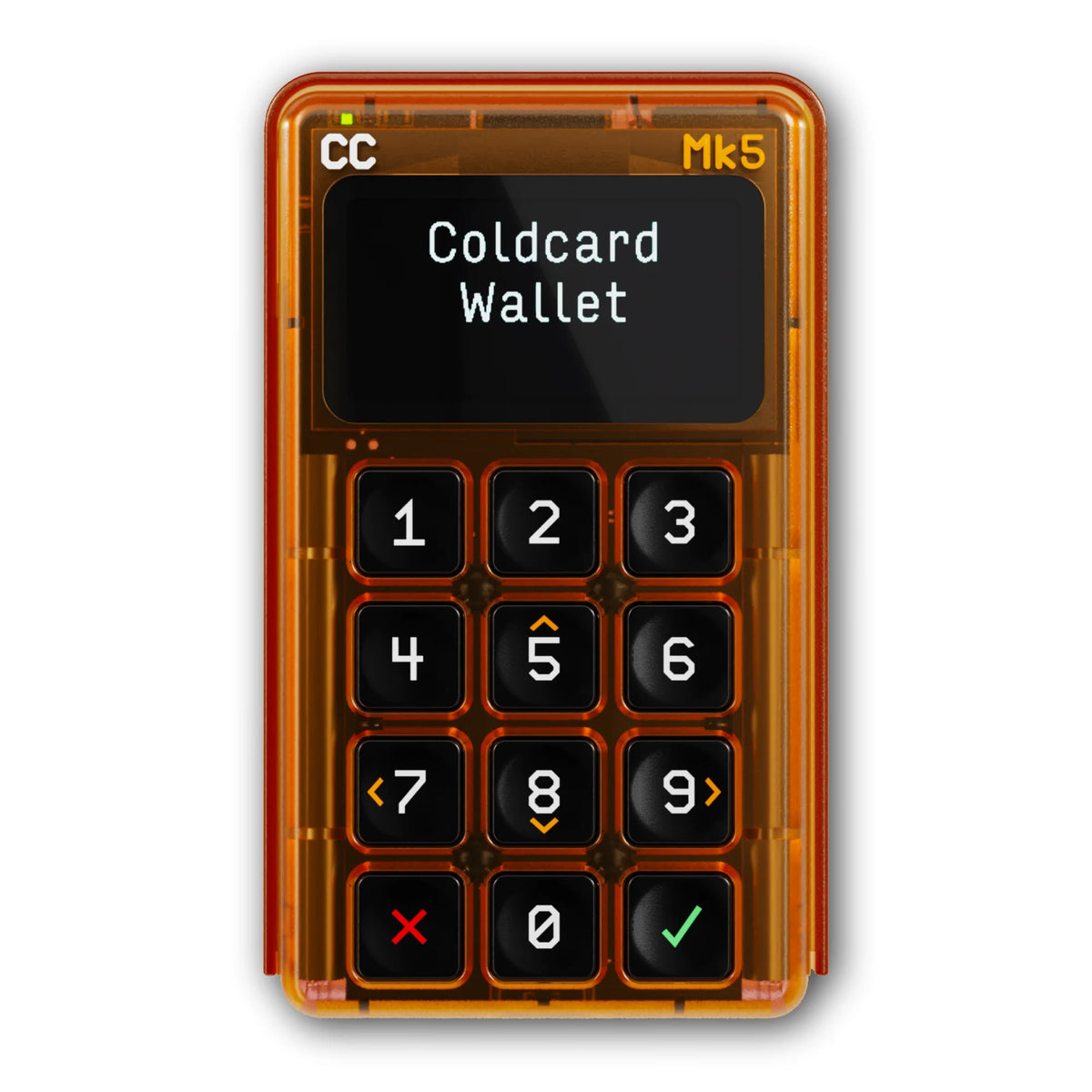 Coldcard Mk5 im orangen Gehäuse, Vorderseite mit Display und Tastenfeld