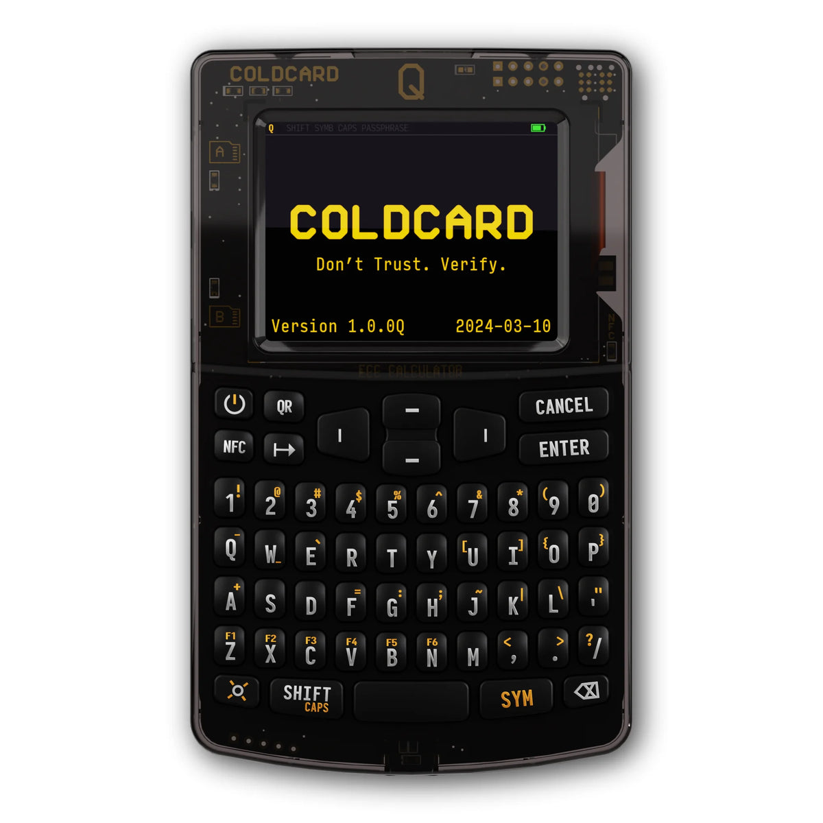 Coldcard Q im schwarzen Gehäuse, Vorderseite mit Display und voller Tastatur