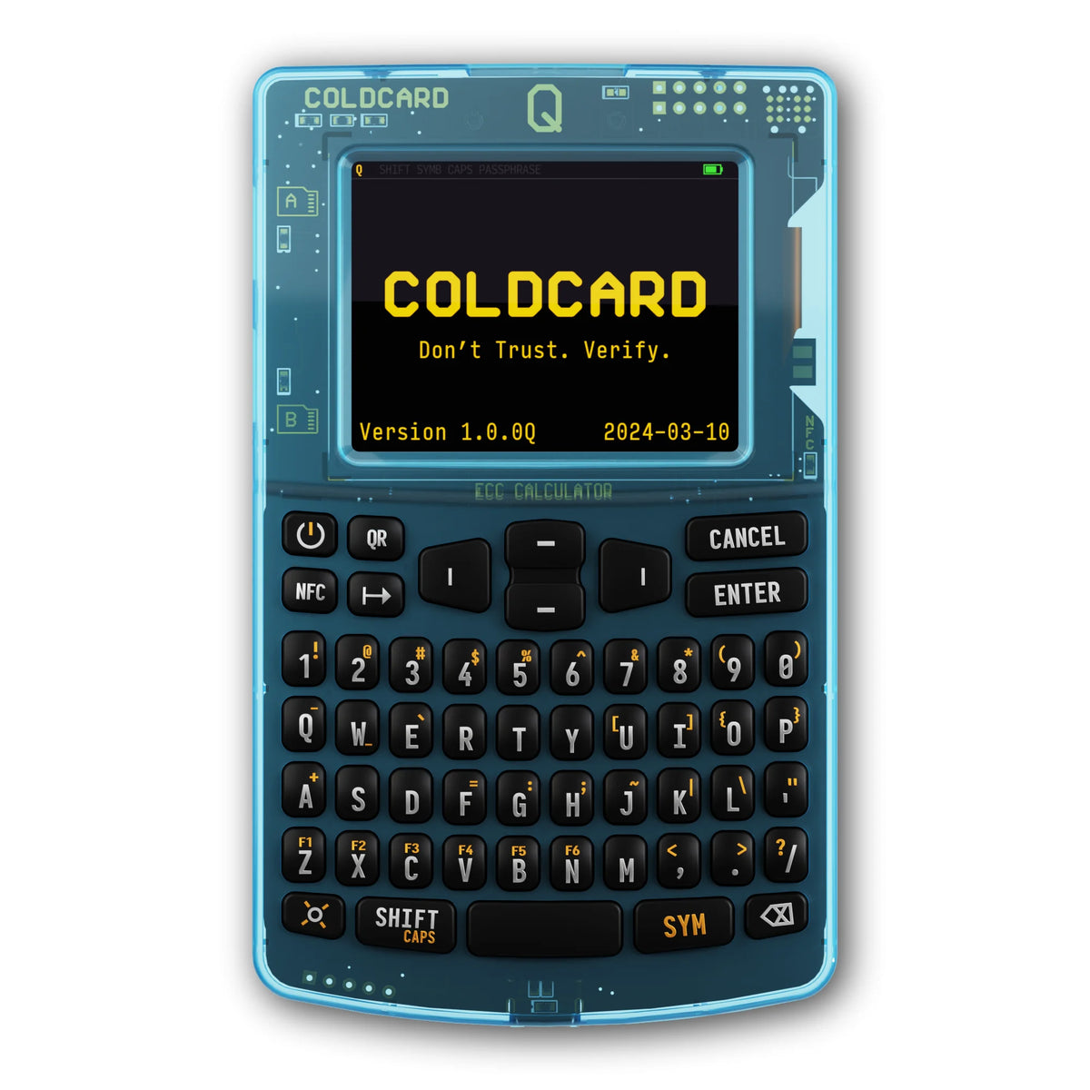 Coldcard Q im blauen Gehäuse, Vorderseite mit Display und voller Tastatur