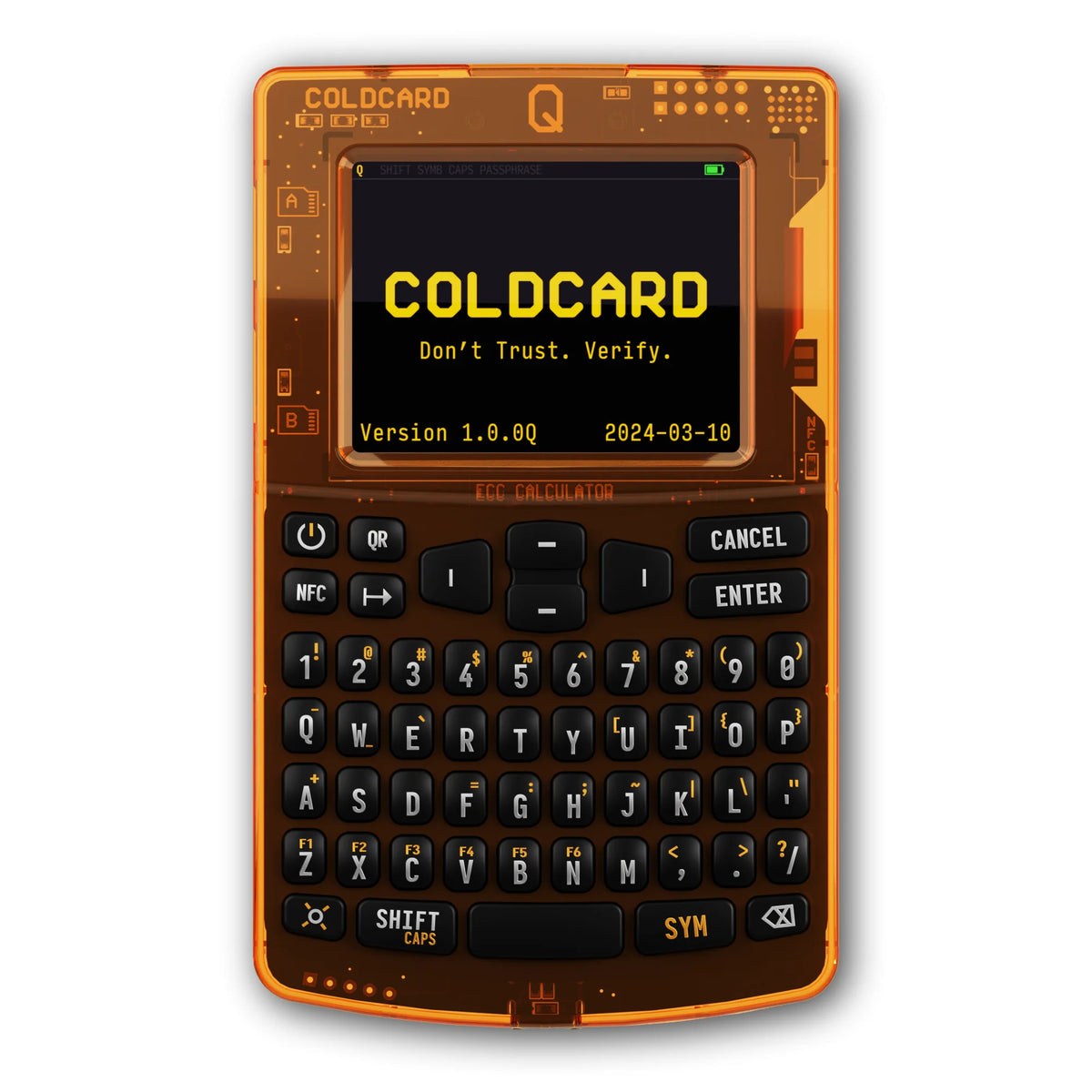 Coldcard Q im orangen Gehäuse, Vorderseite mit Display und voller Tastatur