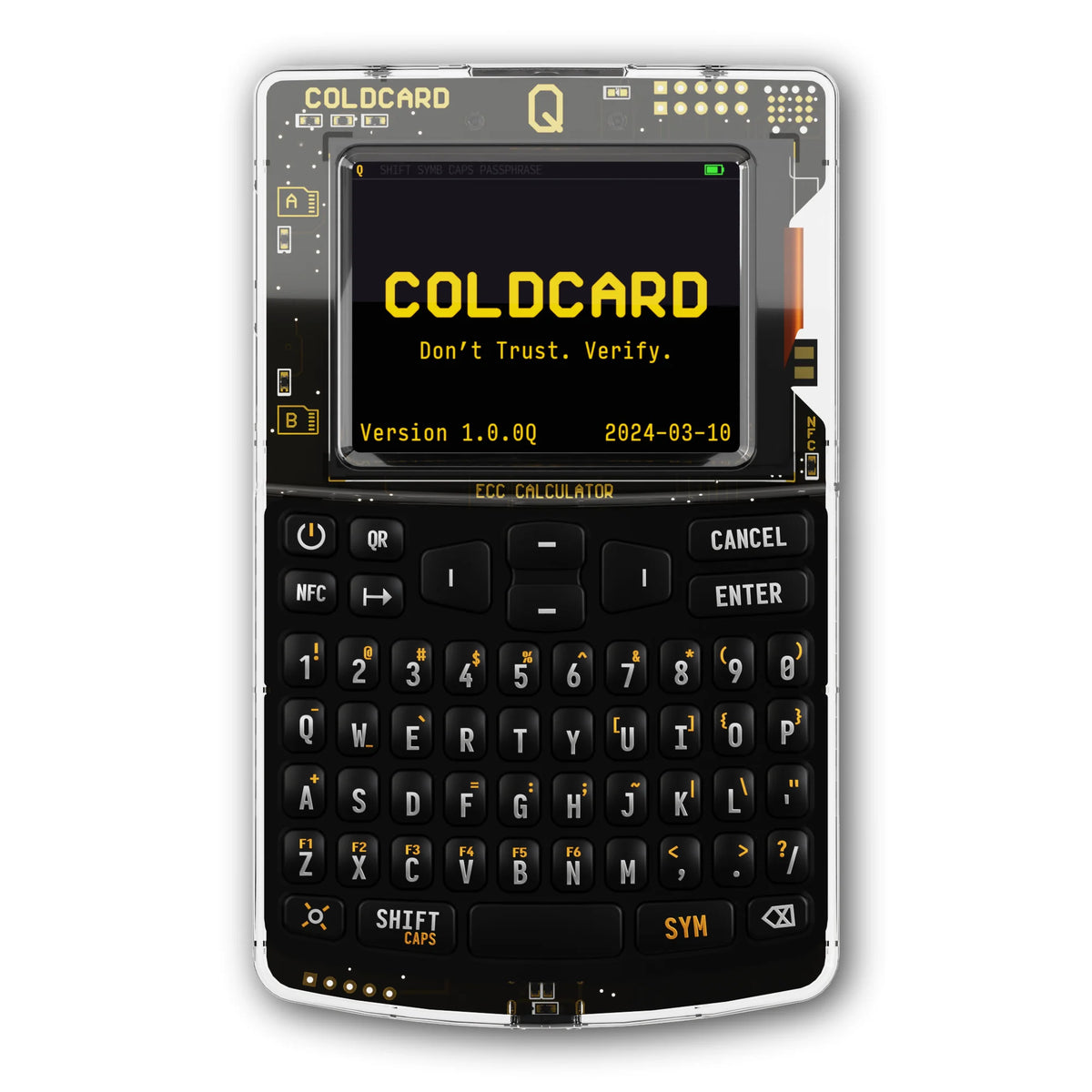 Coldcard Q im durchsichtigen Gehäuse, Vorderseite mit Display und voller Tastatur