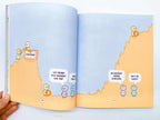Aufgeschlagene Doppelseite mit einem Comic über Kurse und Börsen