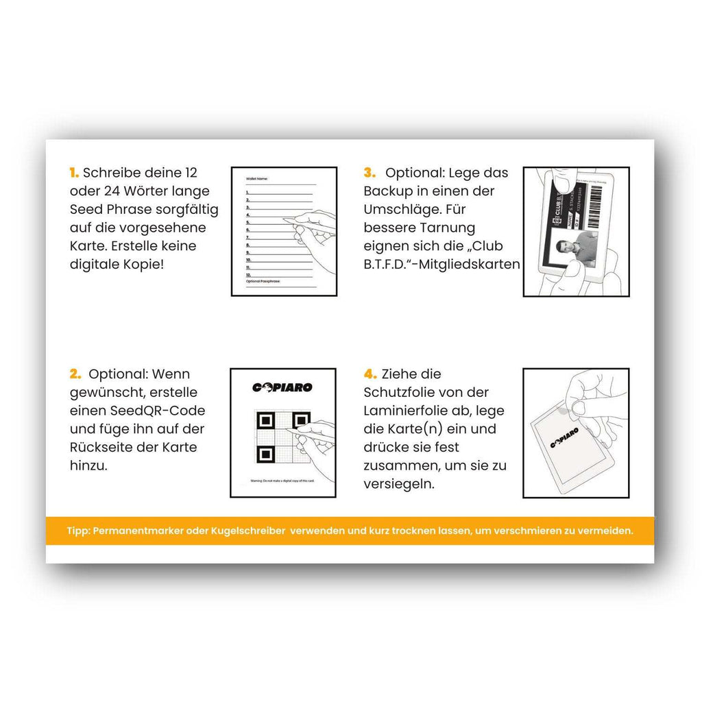 Copiaro SeedSaver v2.1 wallet backup on waterproof tear-resistant paper with lamination and discreet cover envelopes for Bitcoin security