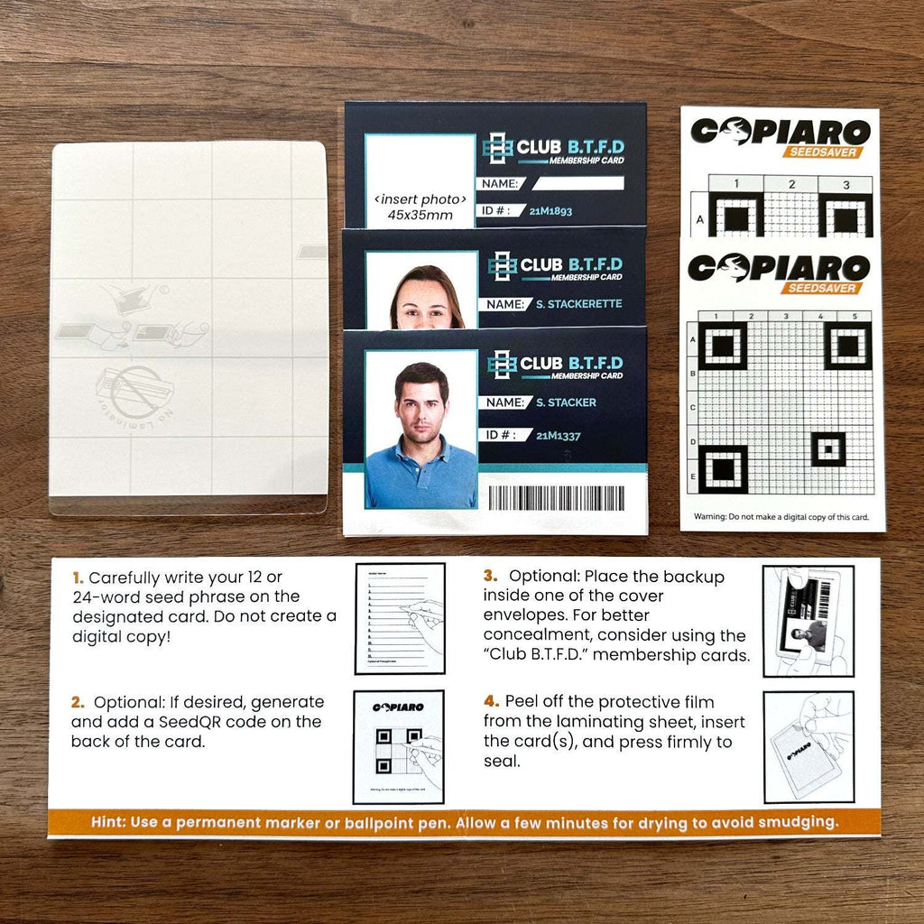 Copiaro SeedSaver v2.1 wallet backup on water-resistant, laminated special paper with QR code templates and discreet cover envelopes