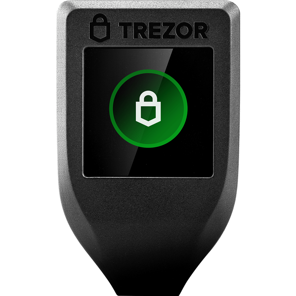 Trezor Model T von vorn, auf dem Touchdisplay ein grünes Schloss