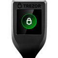 Trezor Model T von vorn, auf dem Touchdisplay ein grünes Schloss