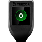 Trezor Model T von vorn, auf dem Touchdisplay ein grünes Schloss