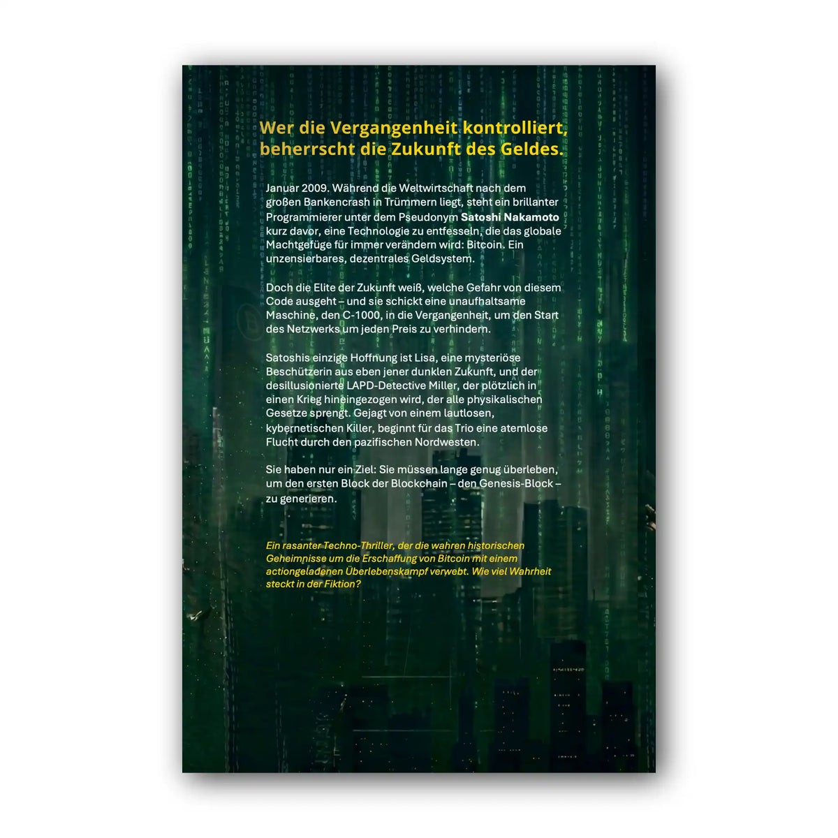 Rückseite von „Der Code der Freiheit“ mit Klappentext vor grünem Code und nächtlicher Skyline
