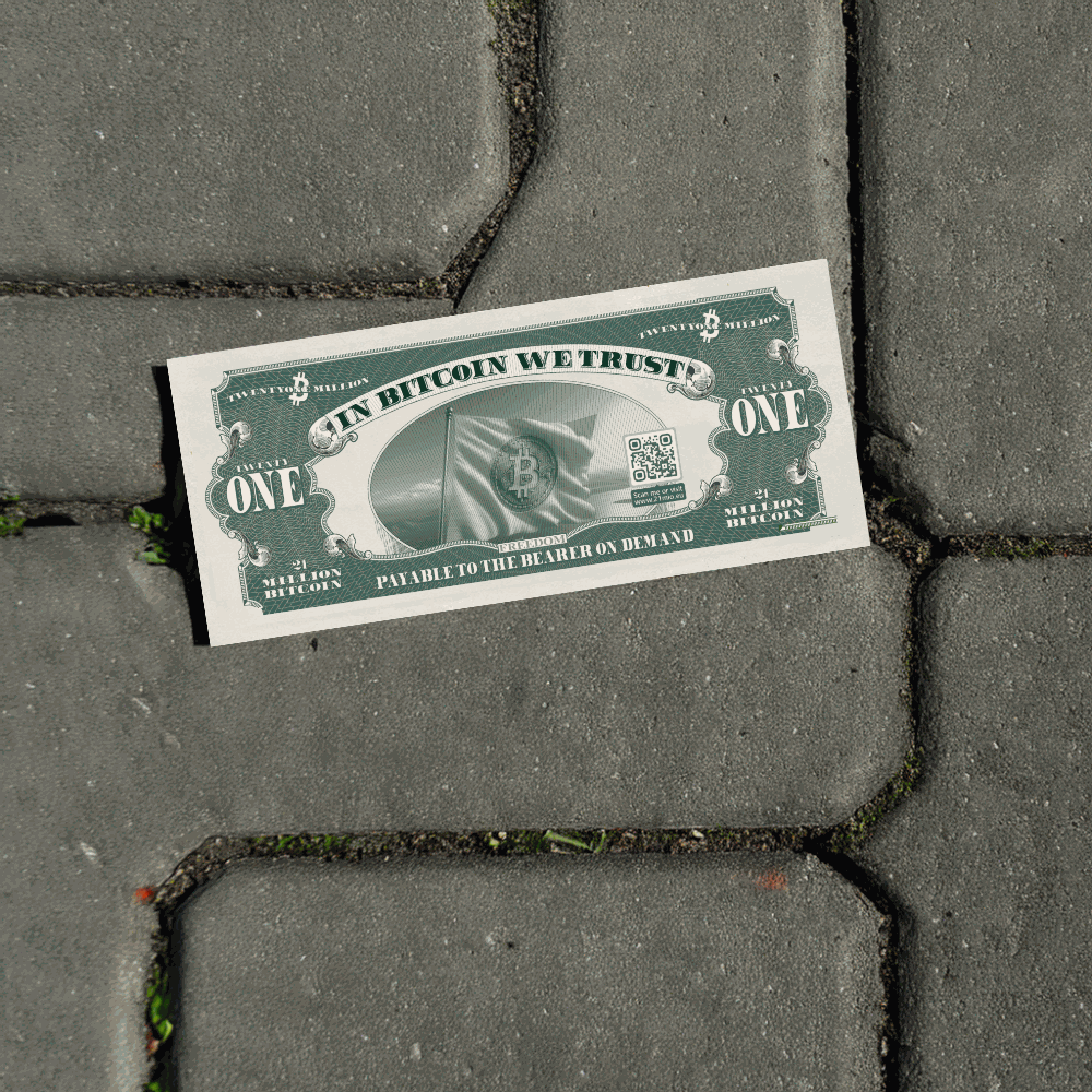 21 Bitcoin Schein im US-Dollar-Stil mit QR-Code und OrangePilling Design auf Recyclingpapier