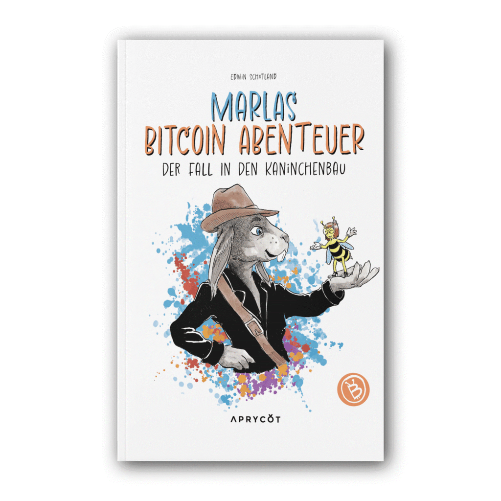 Vorderseite von „Marlas Bitcoin Abenteuer“ mit gezeichnetem Kaninchen und Biene