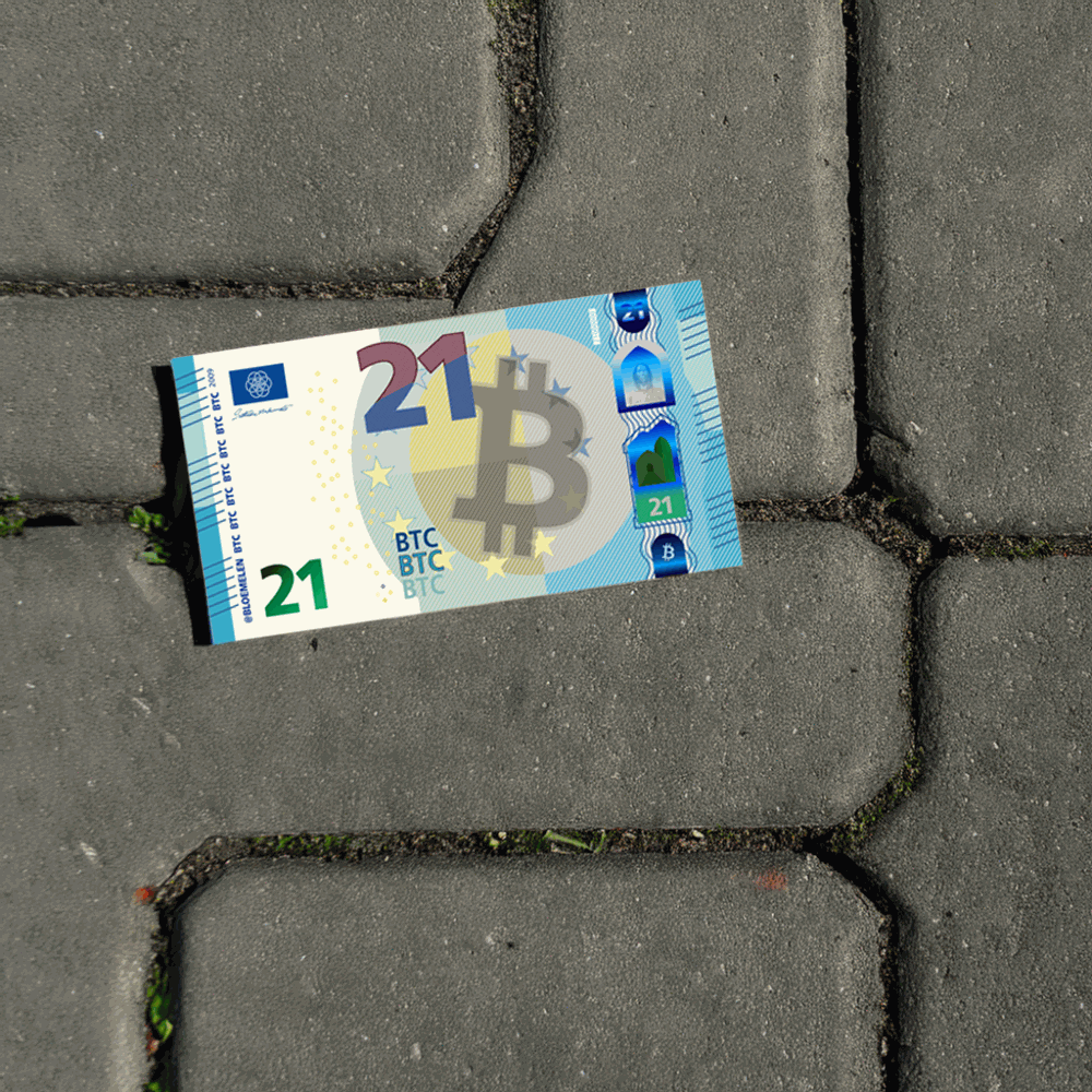21 Bitcoinschein Euro with QR code for Bitcoin learning, Orangepilling Edition on recycled paper