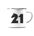 Weiße Emaille Tasse mit Pferdekopf-Logo und silbernem Rand, Stuttgart Bitcoin-Design, 300 ml, robust fürs Camping und Home-Office