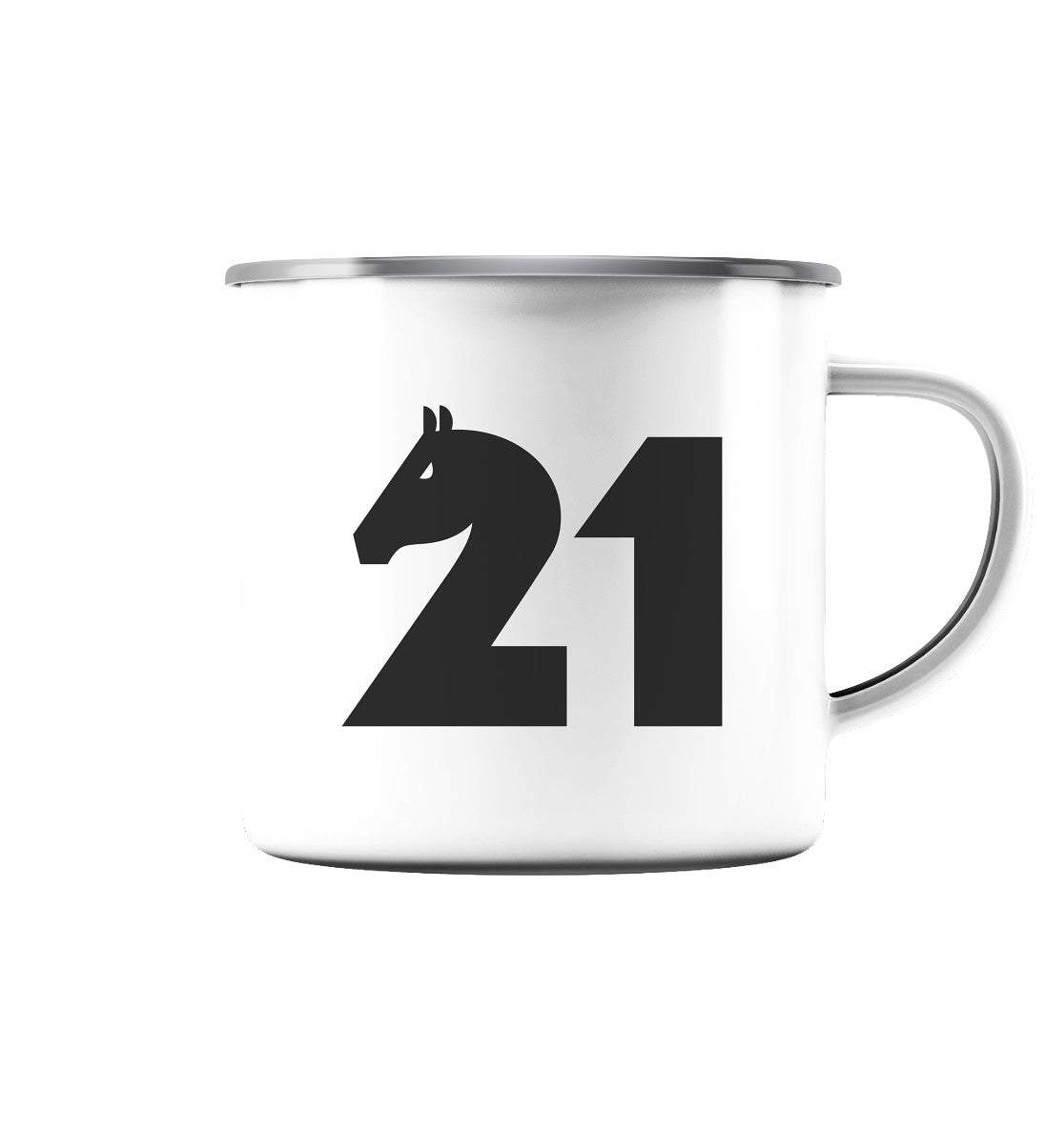 Weiße Emaille Tasse mit Pferdekopf-Logo und silbernem Rand, Stuttgart Bitcoin-Design, 300 ml, robust fürs Camping und Home-Office