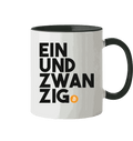 Einundzwanzig Bitcoin Tasse zweifarbige Keramik mit glänzend weißer Oberfläche und farbigen Henkeln, spülmaschinen- und mikrowellenfest