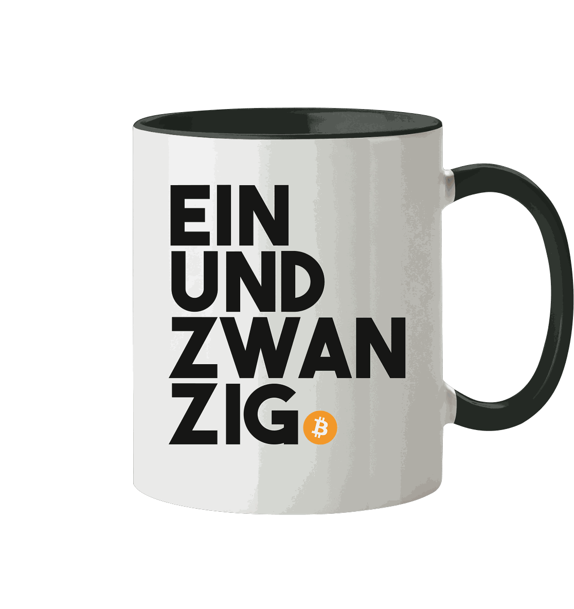 Einundzwanzig Bitcoin Tasse zweifarbige Keramik mit glänzend weißer Oberfläche und farbigen Henkeln, spülmaschinen- und mikrowellenfest