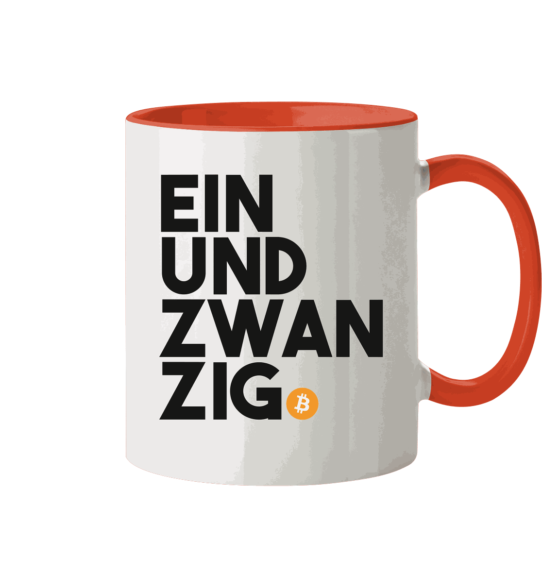 Einundzwanzig Bitcoin Tasse zweifarbig mit weißer glänzender Oberfläche und farbigen Henkeln, spülmaschinen- und mikrowellenfest