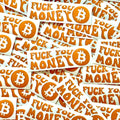 Haufen weißer Aufkleber mit oranger Schrift „Fuck you money“ und Bitcoin-Zeichen