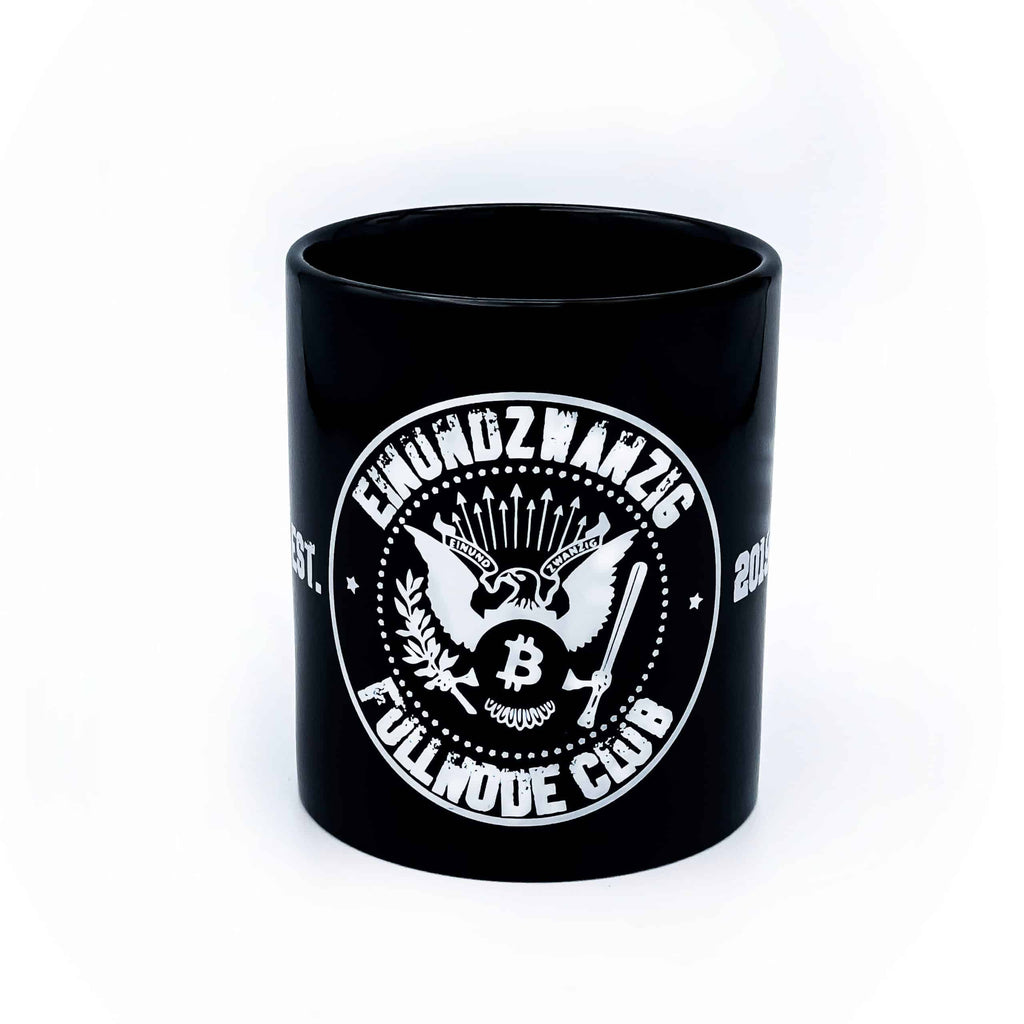 Schwarze Keramik Tasse Fullnode Club mit weißem Motiv und Henkel, 300 ml, spülmaschinenfest