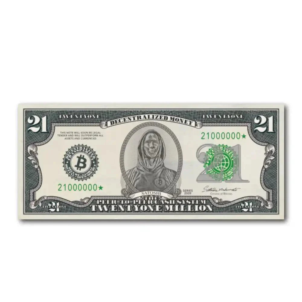 21 Bitcoin Schein Dollar-Orangepilling Edition mit QR-Code auf Recyclingpapier