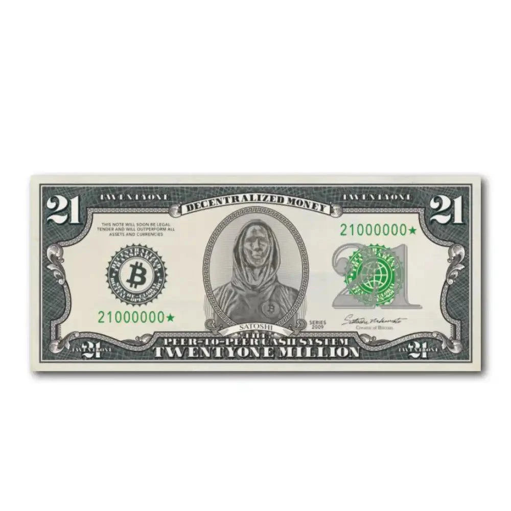 21 Bitcoin Schein Dollar-Orangepilling Edition mit QR-Code auf Recyclingpapier