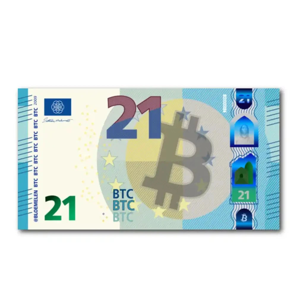 21 Bitcoinschein in Euro format with QR code for Bitcoin education on recycled paper