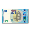 21 Bitcoinschein in Euro format with QR code for Bitcoin education on recycled paper